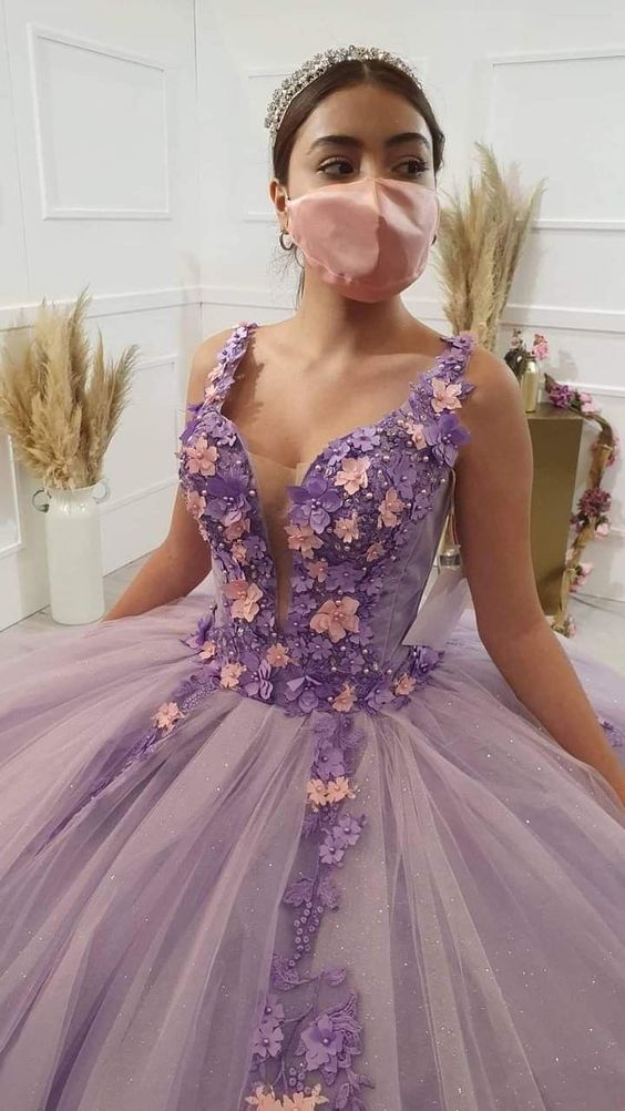 V Neck Tulle 3D Floral Flowers Ball Gown Sweet 16 Dress - VelvetHem