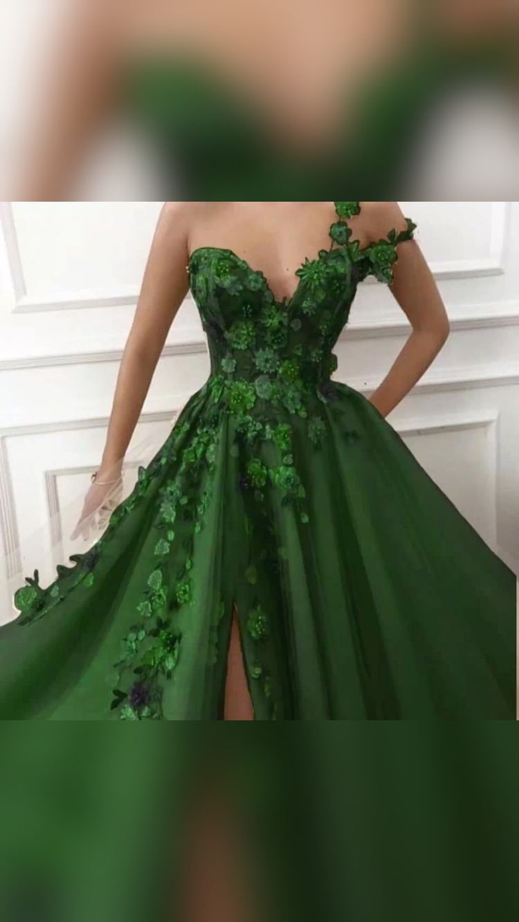 Irregular Shoulder Straps Emerald Green Prom Dress Flowers Appliques Evening Dress - VelvetHem
