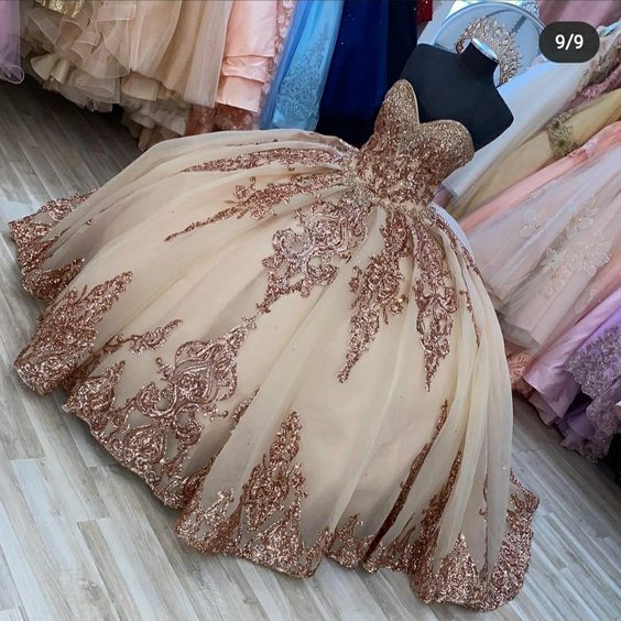 Rose Gold Sweetheart Puffy Princess Ball Gown Sweet 16 Dress Beaded Applique Quinceanera Dresses - View 2 | VelvetHem