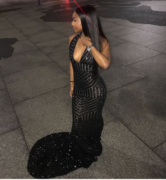 Sexy Mermaid Prom Dress Sequins Black Girl Prom Dresses - VelvetHem