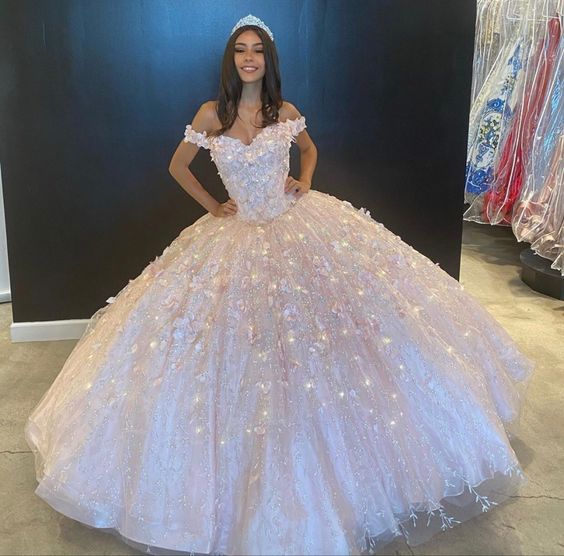 Off The Shoulder Pink Ball Gown Sweet 16 Dress - VelvetHem