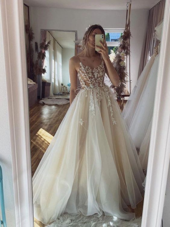 Champagne tulle lace long prom dress, champagne evening dress - VelvetHem