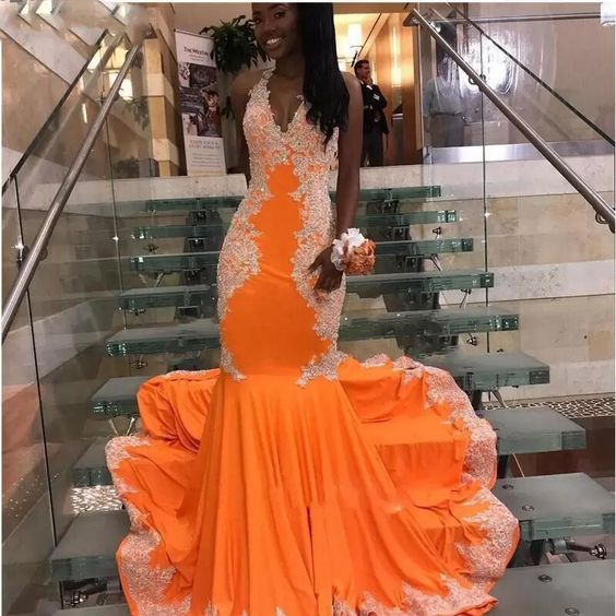 gorgeous mermaid orange prom dress for black girls - VelvetHem