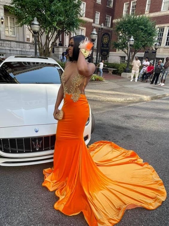 Orange Velvet Mermaid Prom Dress Sexy Evening Dress - VelvetHem