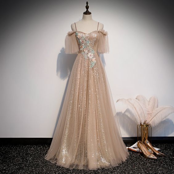 Champagne sequins tulle prom dress formal dress - VelvetHem