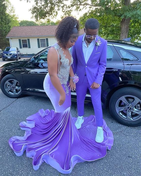 Purple Velvet Mermaid Long Prom Dress For Girls Charming Evening Dress - VelvetHem