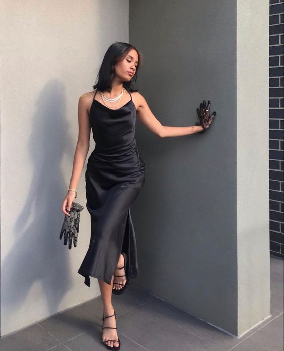 Simple Sheath Cowl Neck Black Tea Length Evening Dresses Y1322 - VelvetHem