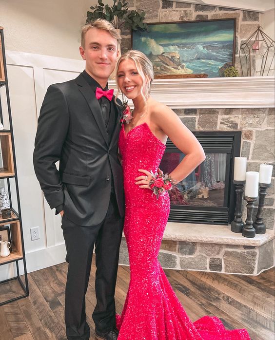 Hot Pink Mermaid Sequins Prom Dresses V-Neck Trumpet Long Prom Evening Dress Customized Size Y1284 - VelvetHem