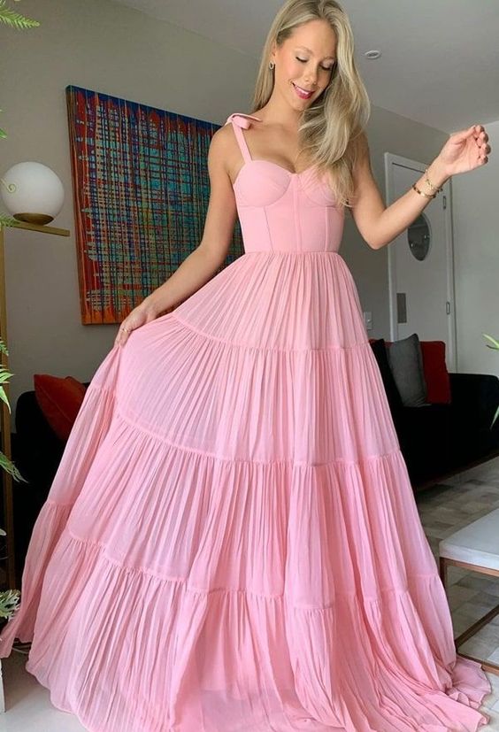 Sweet Pink Chiffon Long Prom Dresses,A-Line Evening Gown,Pleated Ruffles Party Dresses Y1317 - VelvetHem