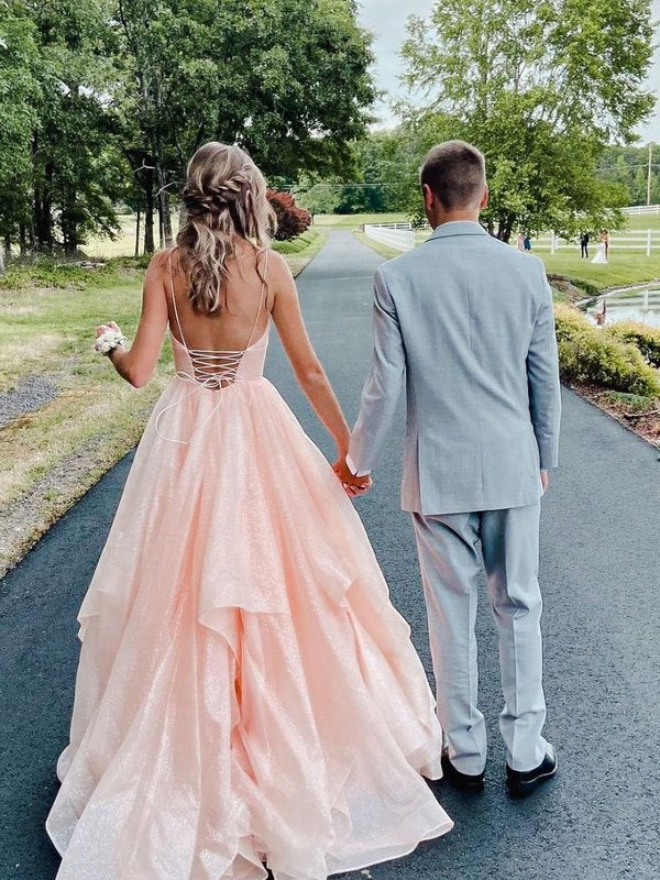 Pink spaghetti straps a line prom dress,layered evening gown,sparkle prom long dress Y1303 - VelvetHem