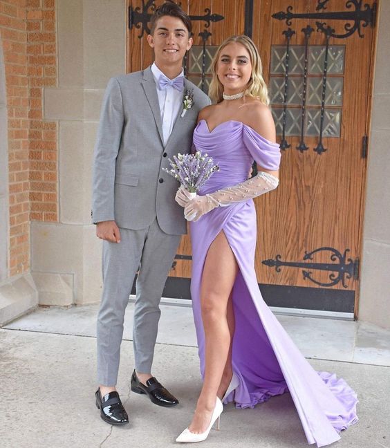 Lilac Off The Shoulder Pleated Side Slit Long Prom Evening Dresses Y1287 - VelvetHem