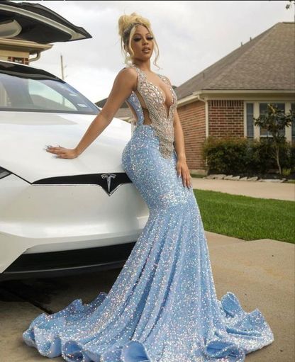 Blue Sparkly Evening Dress Long Mermaid Prom Dress Y1647 - VelvetHem