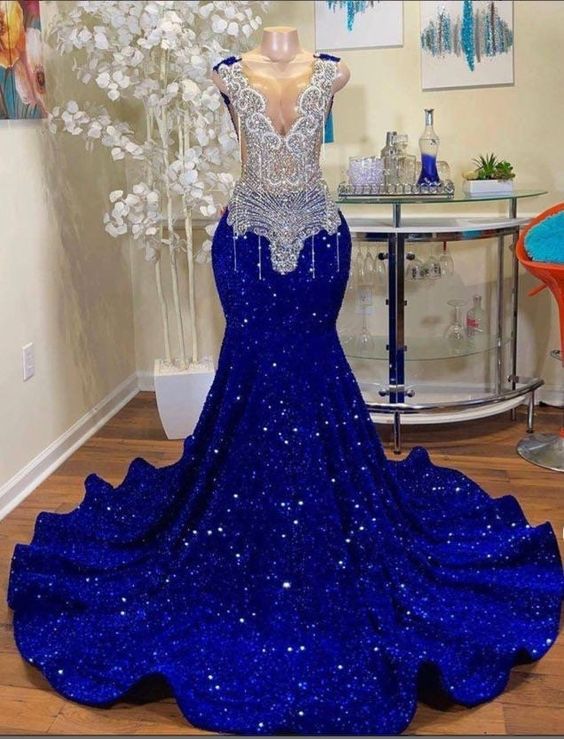 Royal blue prom dresses, crystal prom dresses, beaded prom dresses, mermaid evening dresses, sequins party dresses, mermaid evening gowns Y1595 - VelvetHem