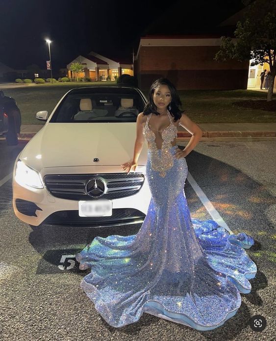 Sparkly Mermaid Blue Sequins Evening Dresses For Black Girls Y1632 - VelvetHem
