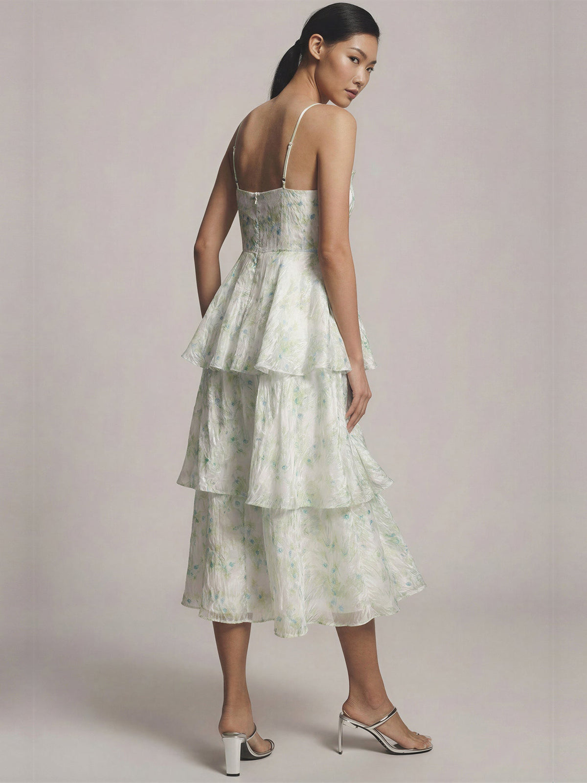 V Neck Floral Tiered Midi Dress