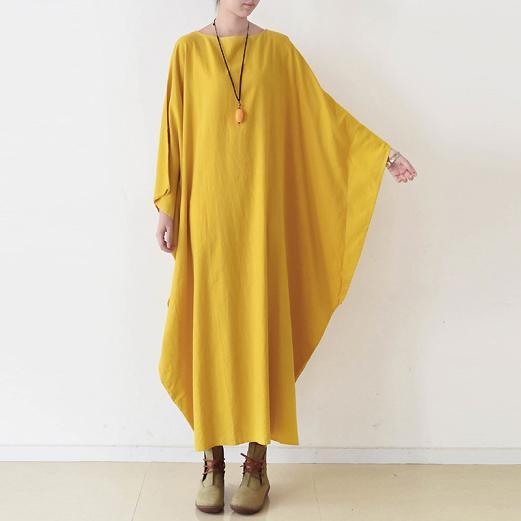 Yellow Cotton Maxi Dress Plus Size Casual Caftans Batwing Sleeve