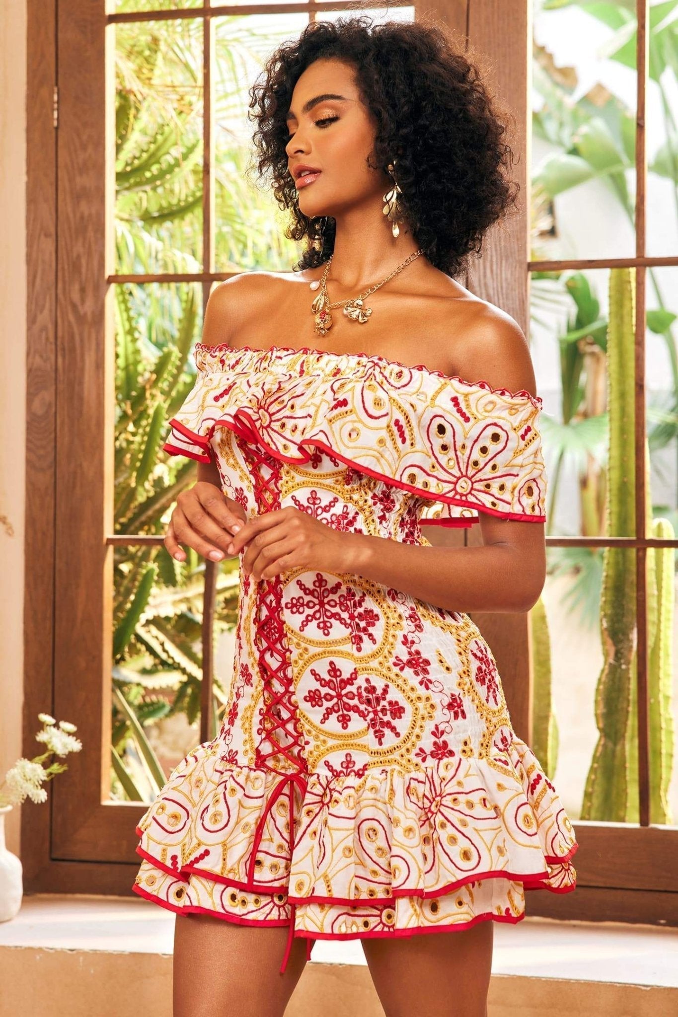 Jenni Effortless Off the Shoulder Mini Dress with Embroidery and Print Designer Edit