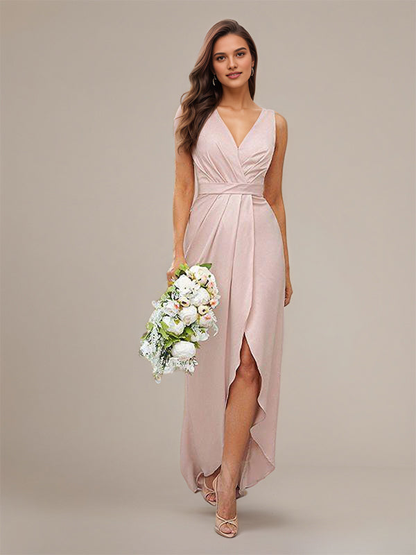 Blushing Pink Satin A-Line V Neck Sleeveless Asymmetrical Bridesmaid Dresses With Ruffles - VelvetHem