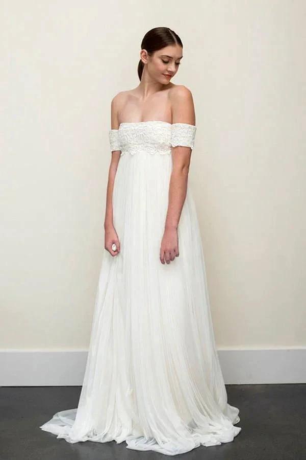 Floor Length A-line Off-the-shoulder Backless Chiffon Wedding Dress (ZD15465) - VelvetHem