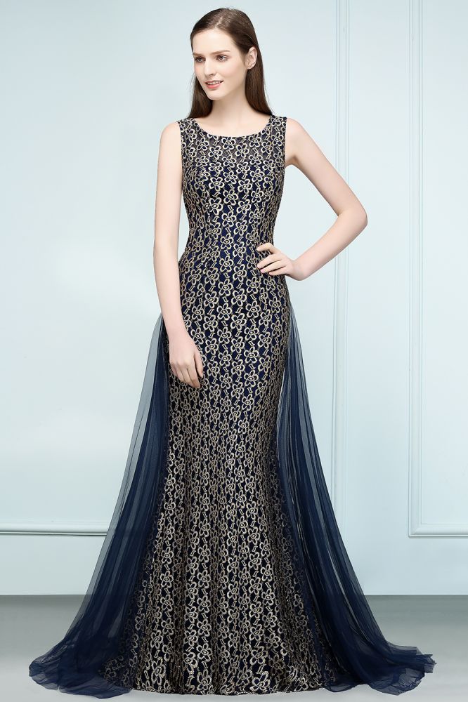 Floor Length Gold Mermaid Sleevless Crew Lace Prom Dresses - VelvetHem