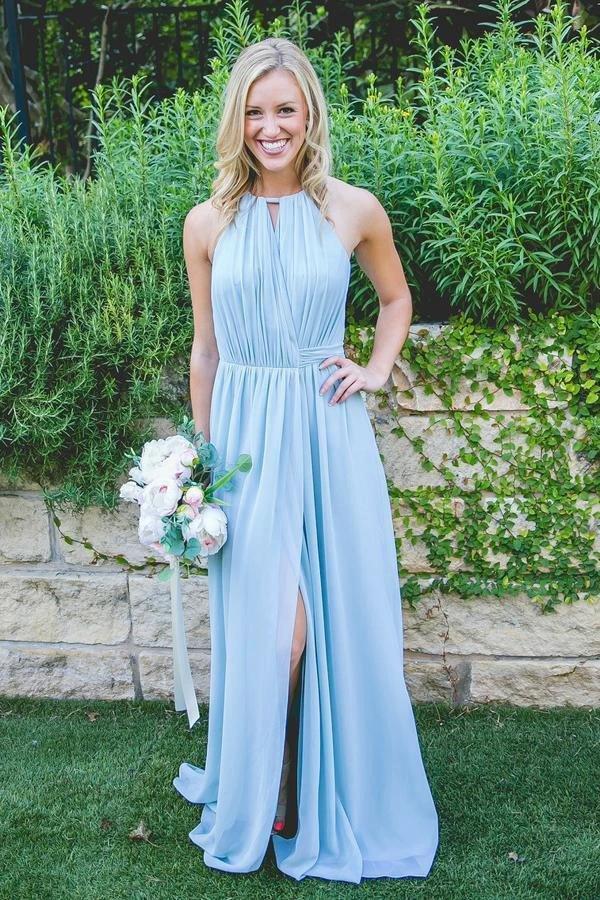Floor-Length High Split Blue Chiffon Sleeveless Bridesmaid Dress (ZD13216) - VelvetHem