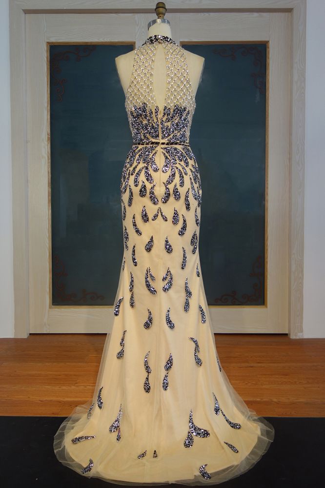 Floor Length Mermaid Halter Sequined Patterns Prom Dresses