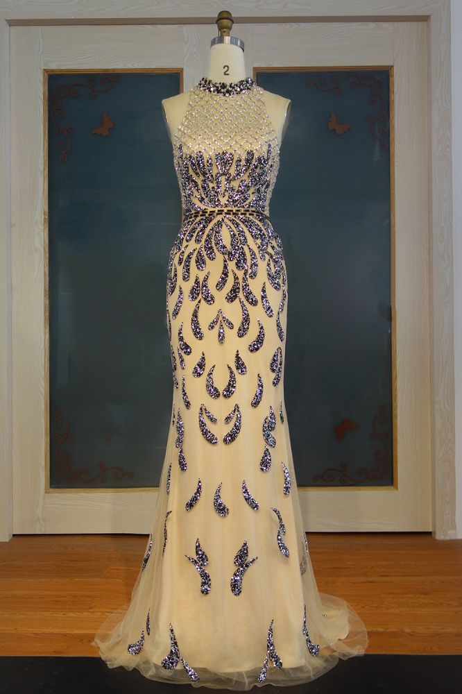 Floor Length Mermaid Halter Sequined Patterns Prom Dresses - VelvetHem
