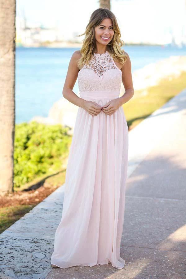 Floor-Length Open Back Pink Chiffon Bridesmaid Dress with Lace (ZD13211) - VelvetHem