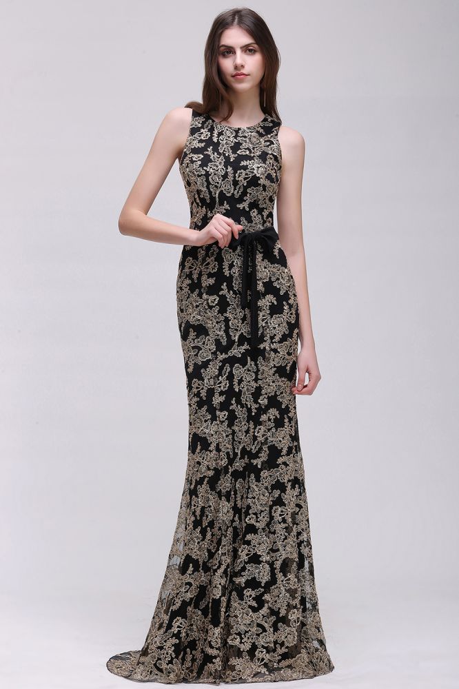 Floor-Length Sheath Round Neck Lace Evening Dresses - VelvetHem