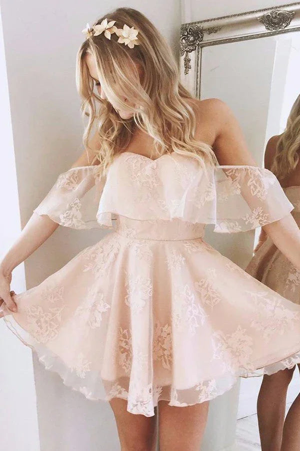A-Line Off Shoulder Mid Back Lace Homecoming Dresses by Ombreprom