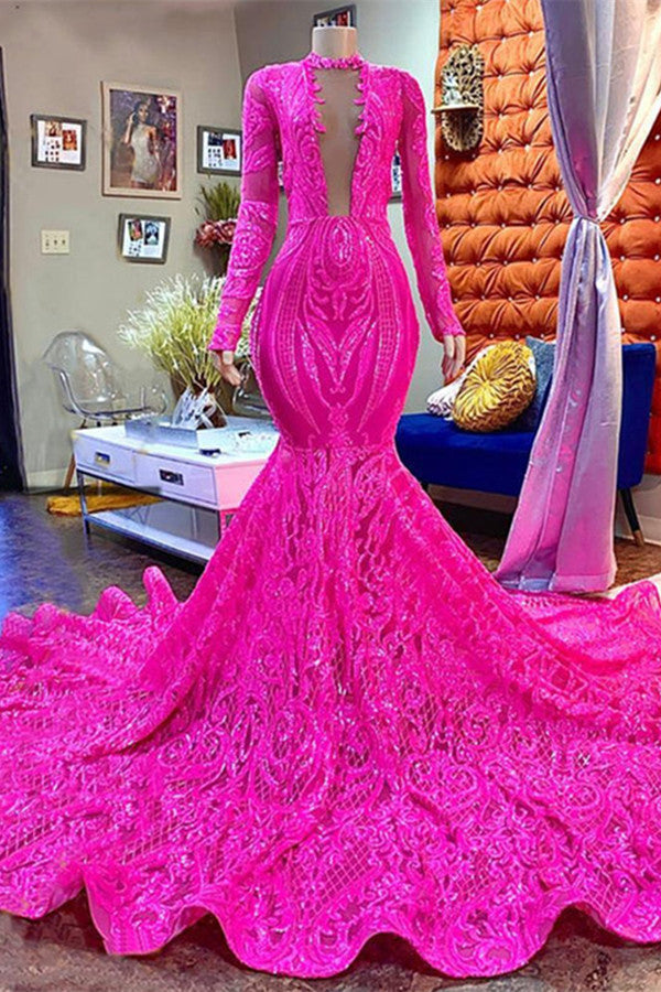 Fuchsia Long Mermaid Deep V-neck Sequined Prom Dress with Sleeves - VelvetHem