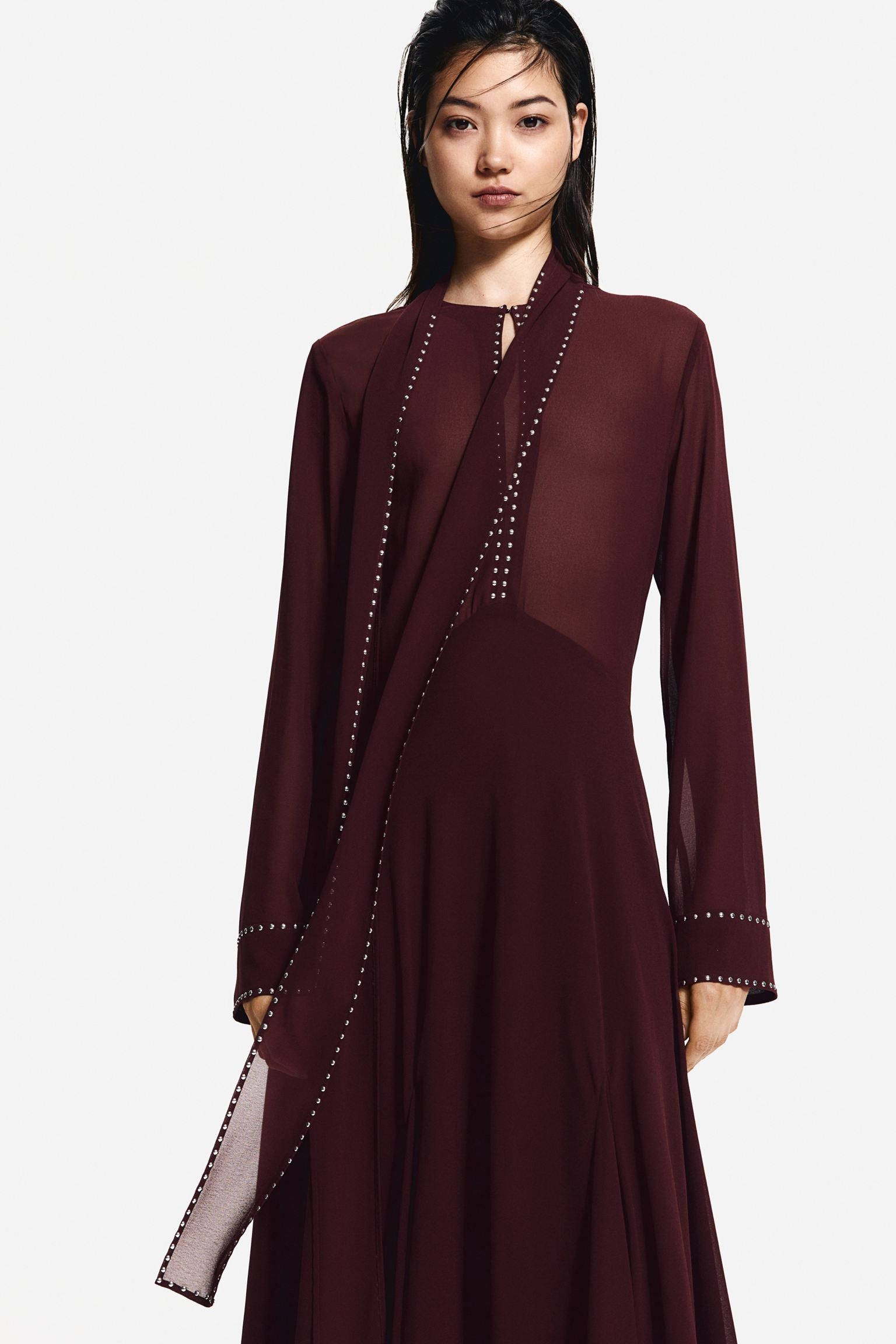 Leila Aesthetic Chiffon Midi Dress with Rivets Chic Silhouette Collection