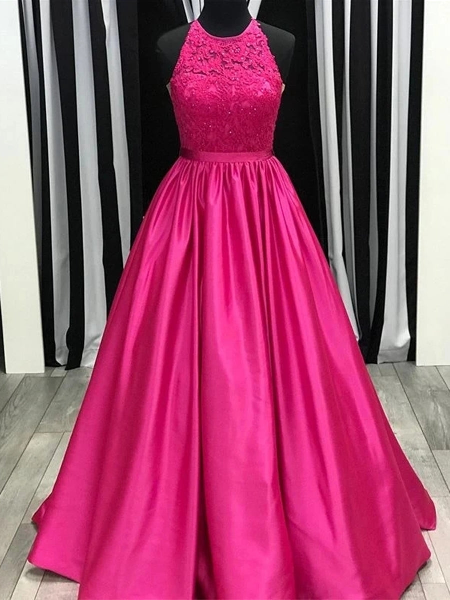 Fuscia Long A-line Halter Neck Satin Lace Formal Prom Dresses - VelvetHem