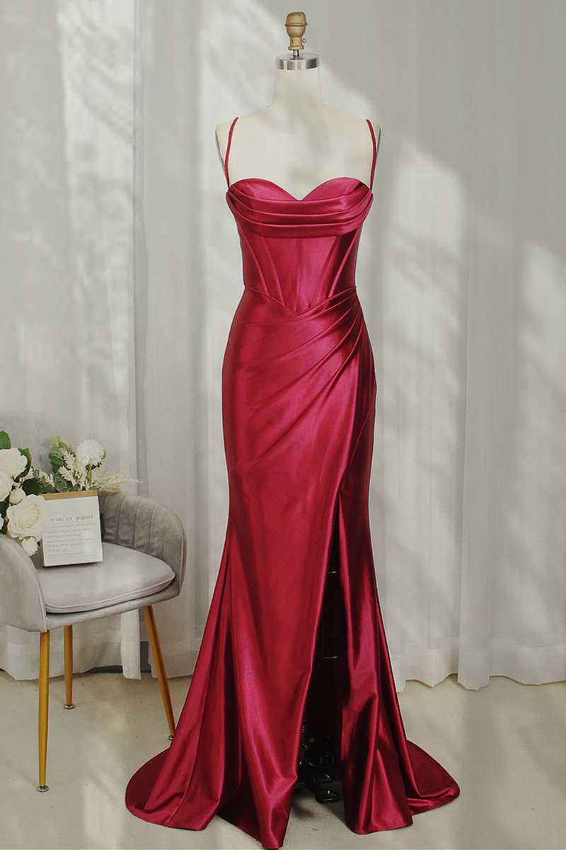 Mermaid Spaghetti Straps Satin Evening Dress Burgundy Cowl Neck Ruched Prom Dress Y449 - VelvetHem