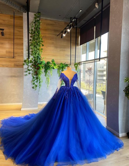 long sleeve royal blue prom dresses ball gown lace applique beaded vintage tulle elegant princess prom gown - VelvetHem