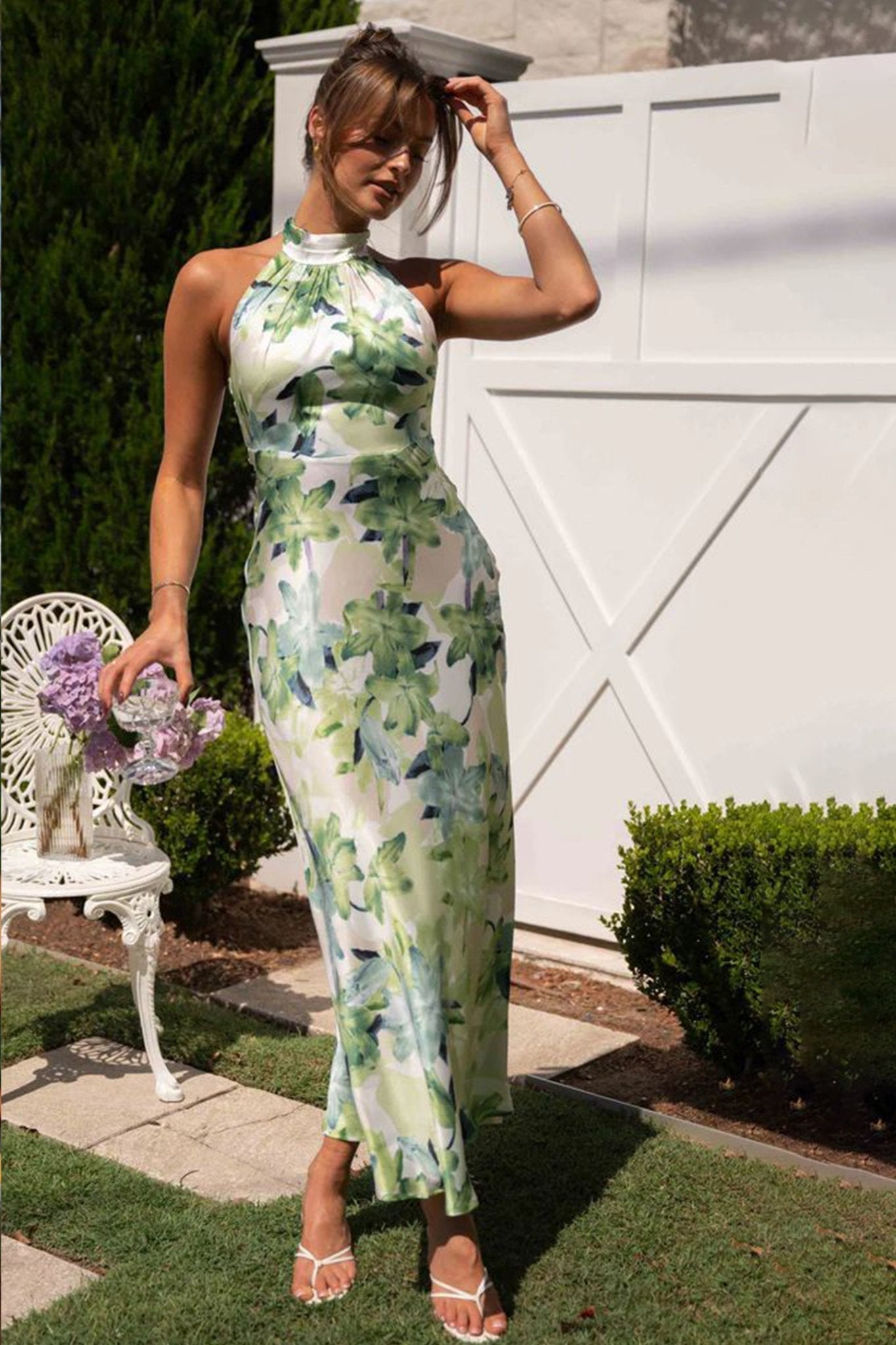 Abigail Chic Printed Halterneck Midi Dress in Backless Satin Premium Wardrobe Essential