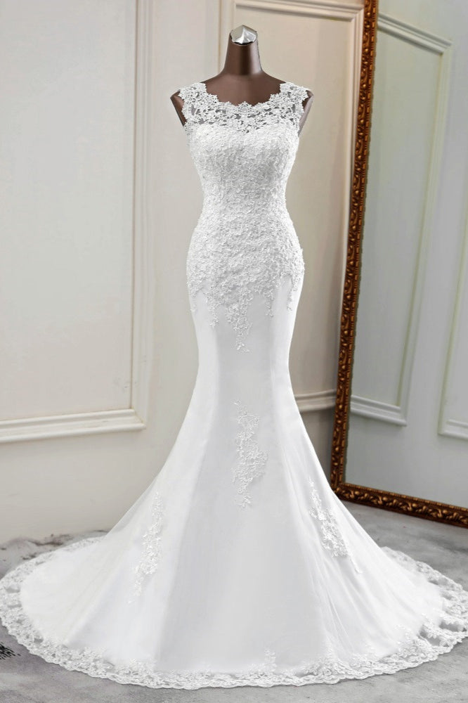 Glamorous Jewel Lace Beading Wedding Dresses Sleeveless Appliques Mermaid Bridal Gowns (ZD17452) - VelvetHem