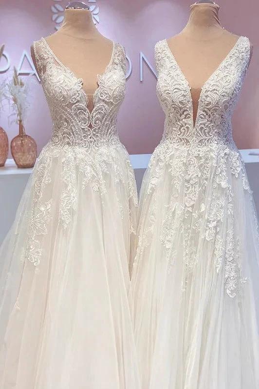 Glamorous Long A-Line Open Back Tulle Appliques Lace Wedding Dress (ZD15209) - VelvetHem