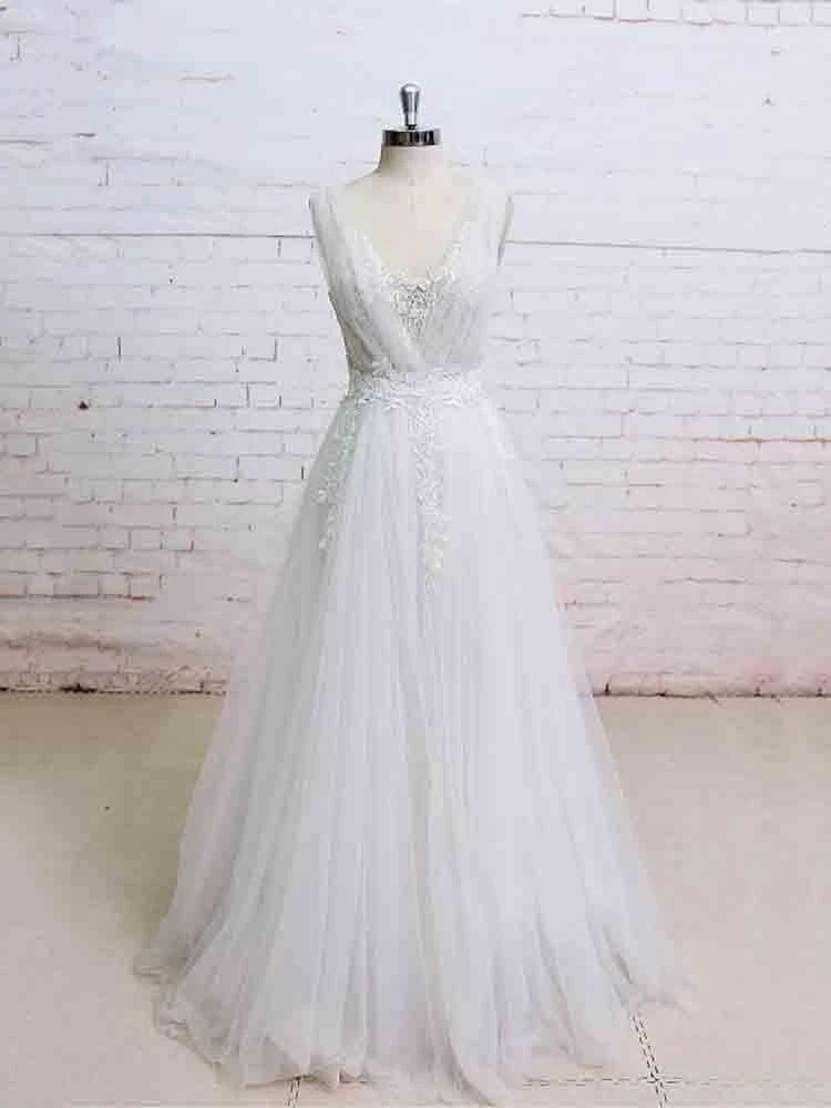 Glamorous Long A-line V-Neck Backless Tulle Wedding Dresses (ZD15893)