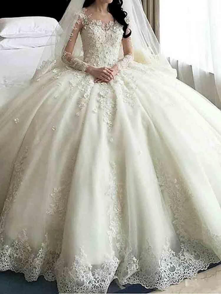 Glamorous Long Ball Gown Lace Beaded Wedding Dresses with Sleeves (ZD15911) - VelvetHem
