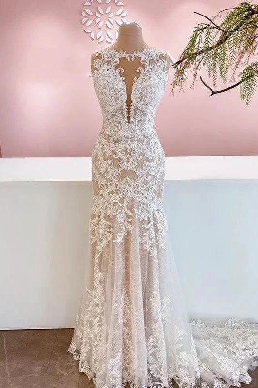 Glamorous Long Mermaid Bateau Appliques Lace Tulle Wedding Dress (ZD15235) - VelvetHem
