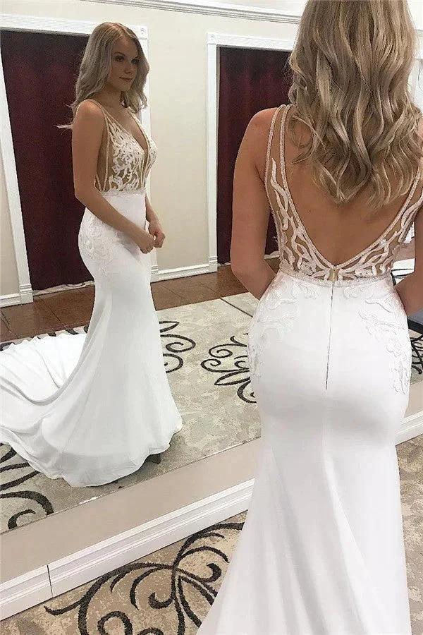 Glamorous Long Mermaid Straps Appliques Lace V-Neck Wedding Dresses (ZD14341)
