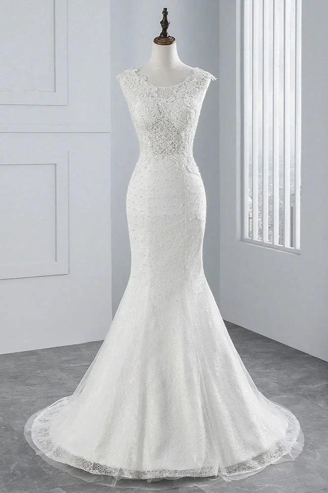 Glamorous Long Mermaid Tulle Appliques Lace Wedding Dress (ZD15155)
