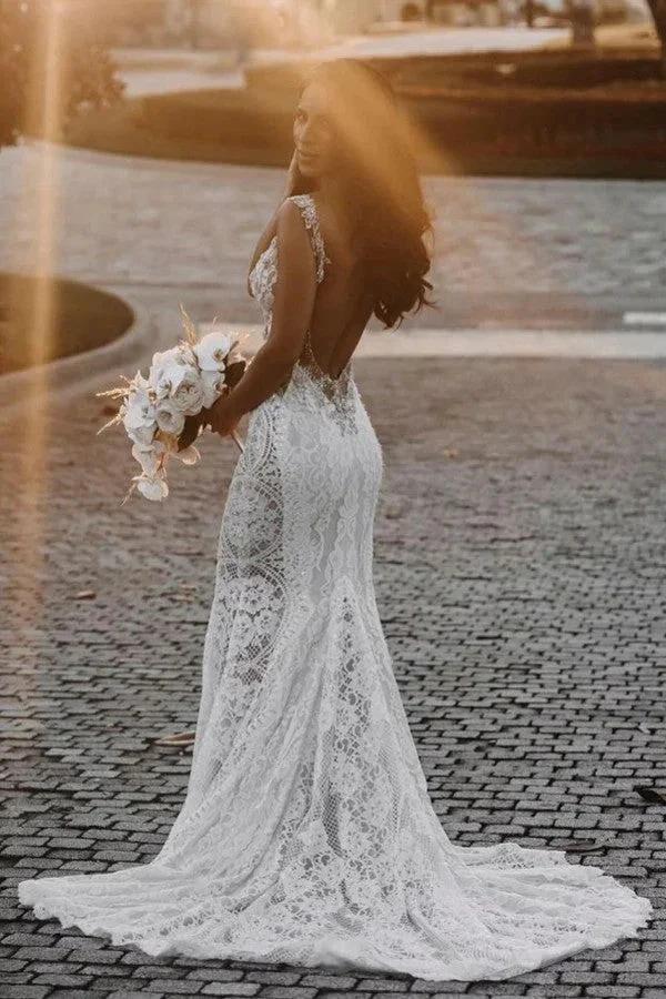 Glamorous Long Mermaid V-neck Wide Straps Appliques Lace Open Back Wedding Dress (ZD16686)
