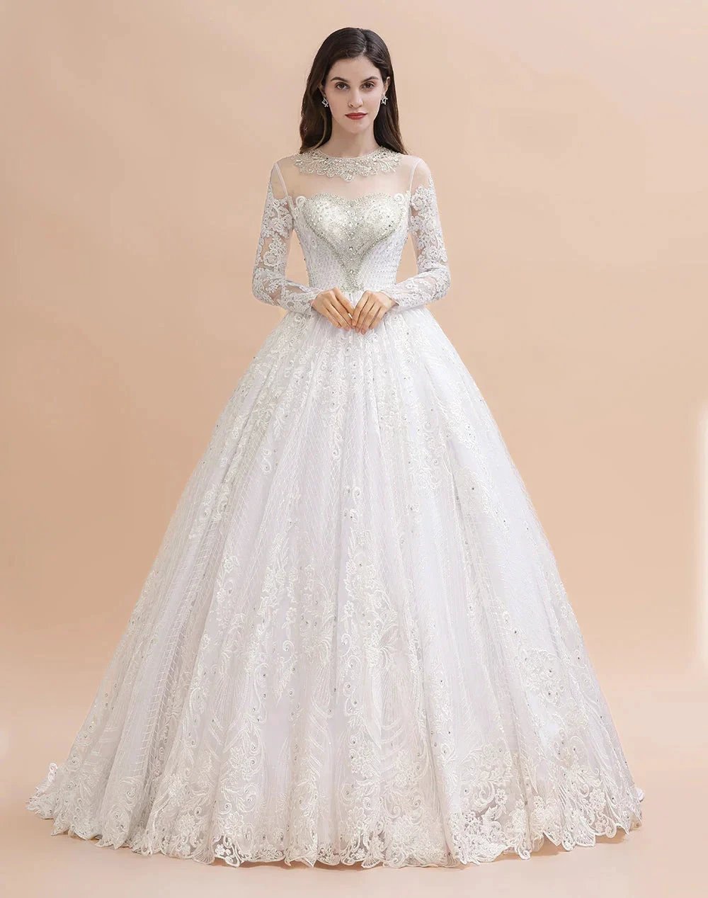 Glamorous Long Sleeve Beads White/Ivory Lace Appliques Wedding Dress (ZD14770)