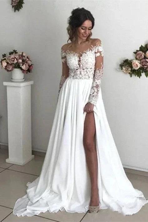 Glamorous Long Sleeve Lace Wedding Dresses | Chiffon Bridal Gowns With Slit (ZD16470) - VelvetHem