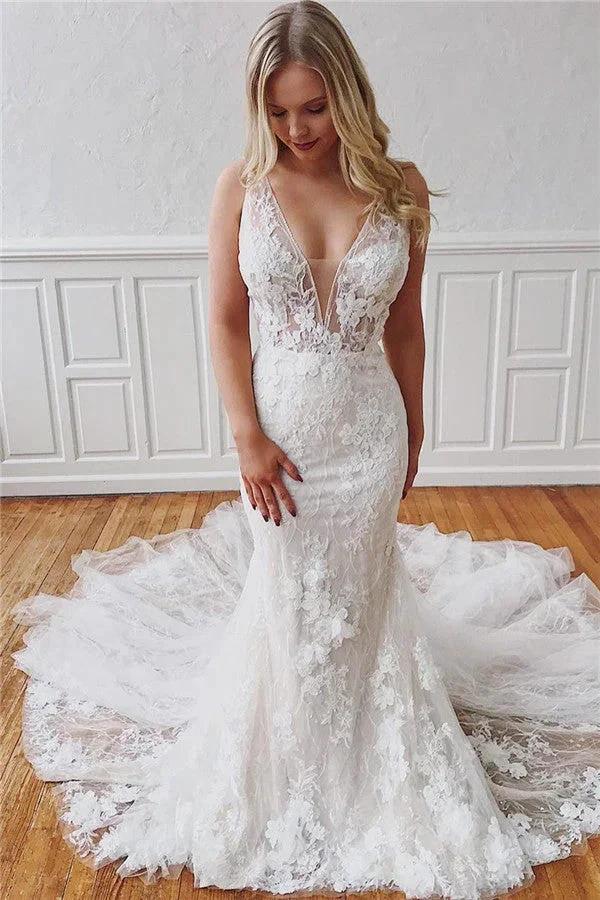 Glamorous Long Straps V-Neck Lace Mermaid Detachable Wedding Dresses (ZD14336) - VelvetHem