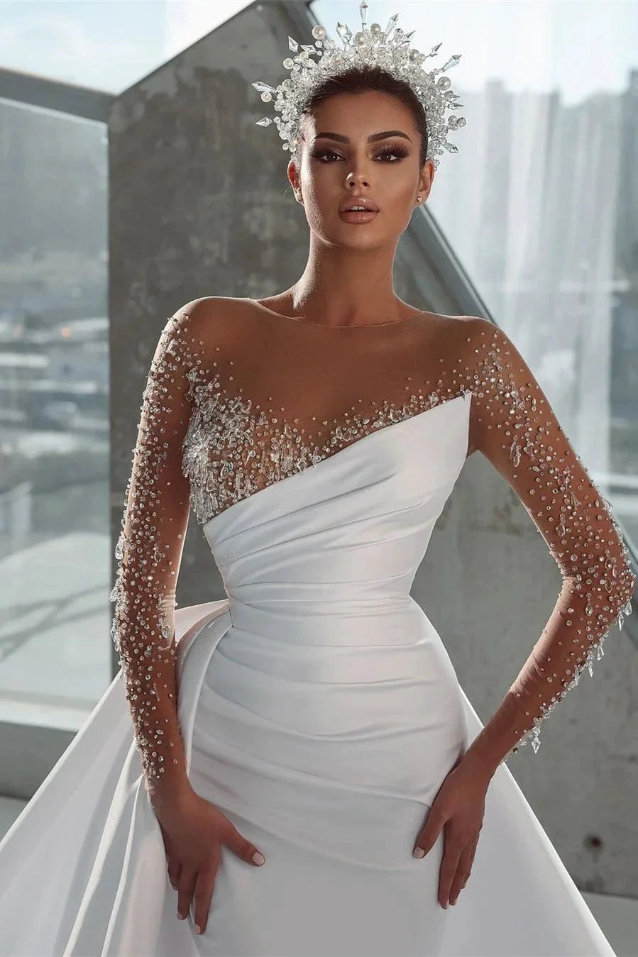 Glamorous Long White Long Sleeves Satin Crystal Wedding Dress With Detachable Train (ZD16403)