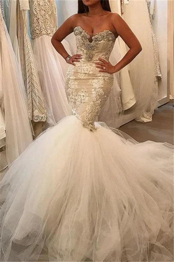 Glamorous Mermaid Tulle Wedding Dress Lace Sweetheart Crystal Bridal Wears (ZD13858)