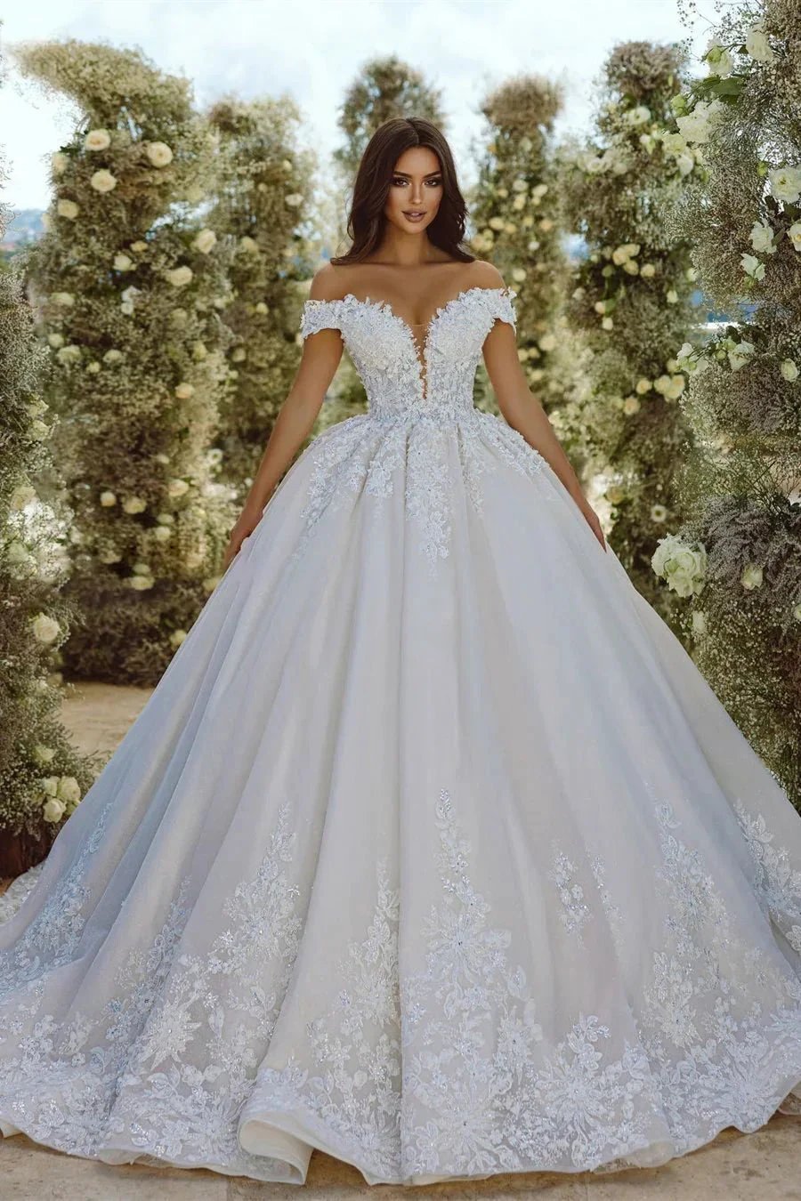 Glamorous Off-the-shoulder V-neck Appliques Lace A-line Wedding Dress (ZD16534) - VelvetHem